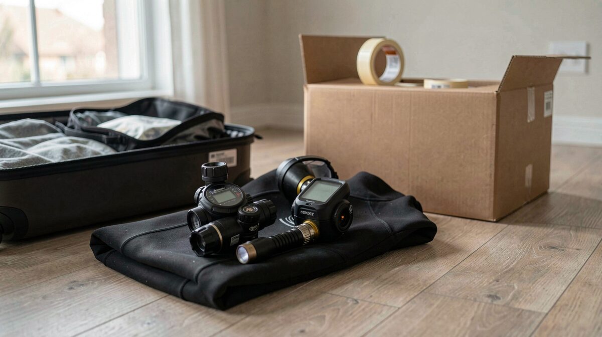 A dive regulator, computer and torch laid out on a folded wetsuit beside an open suitcase on a bare apartment floor, with a cardboard shipping carton and a roll of tape behind them, lit by low afternoon window light from the left.
