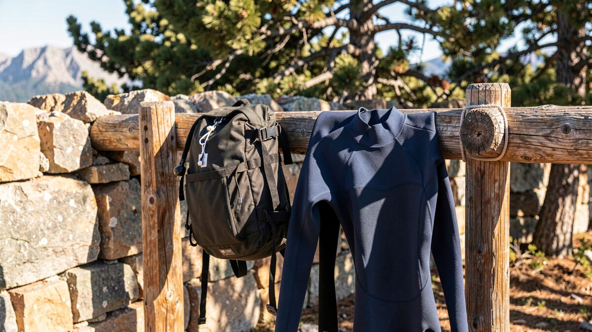 A dive bag and a folded wetsuit drying on a wooden rack in strong high-altitude sunlight, with a dry stone wall and pine trees behind, shot from the side at mid-morning.